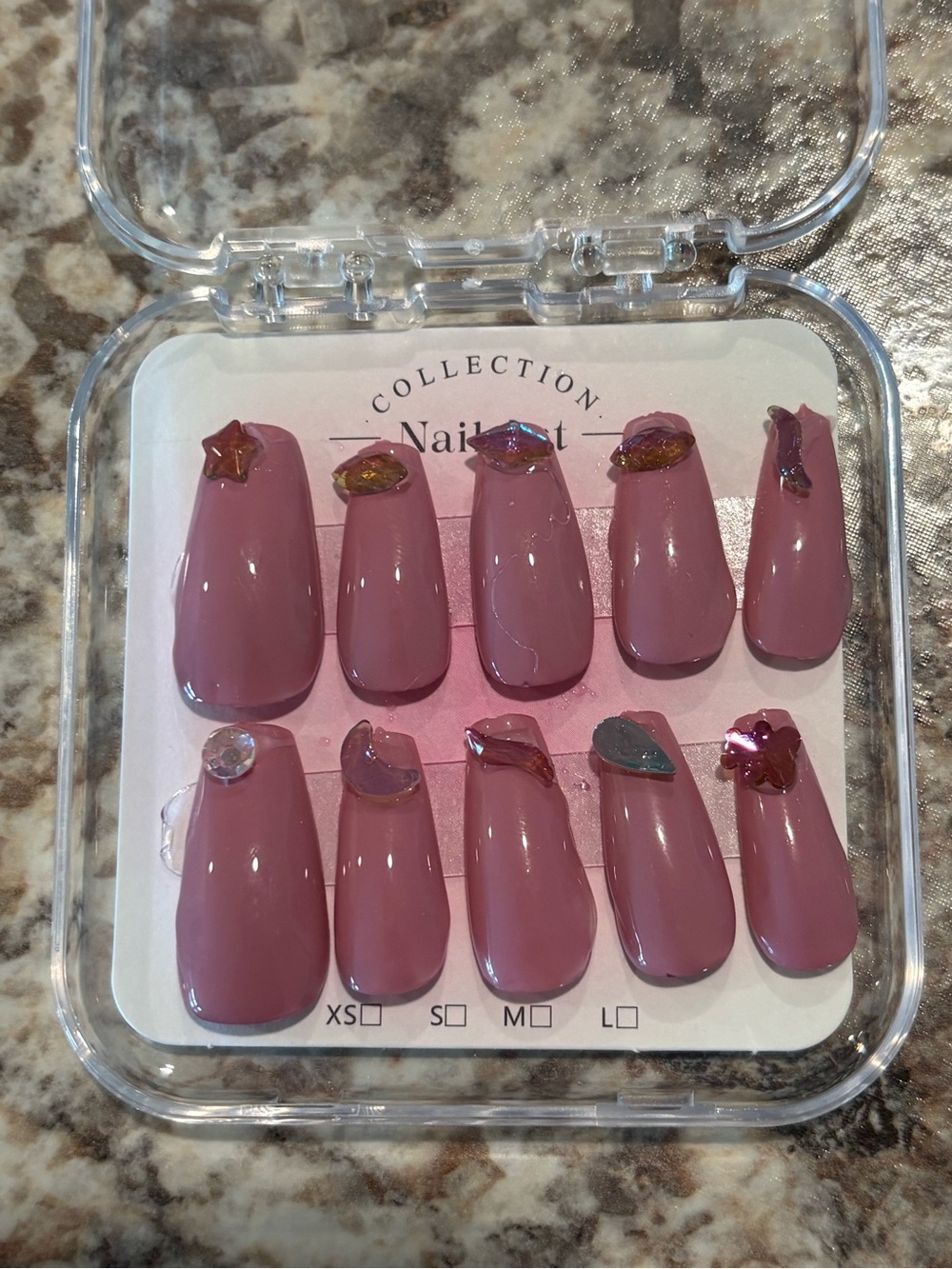 Mauve Press-On Nails with Iridescent Gem Accents - Picture 2 of 2